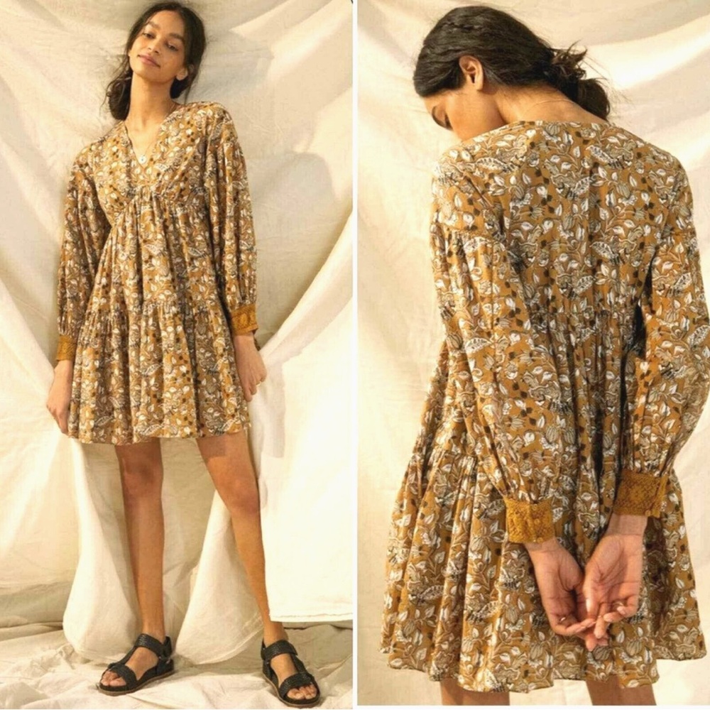 Anthropologie Let Me Be Jemma Floral Crochet Tiered Peasant Mini Dress Size 4